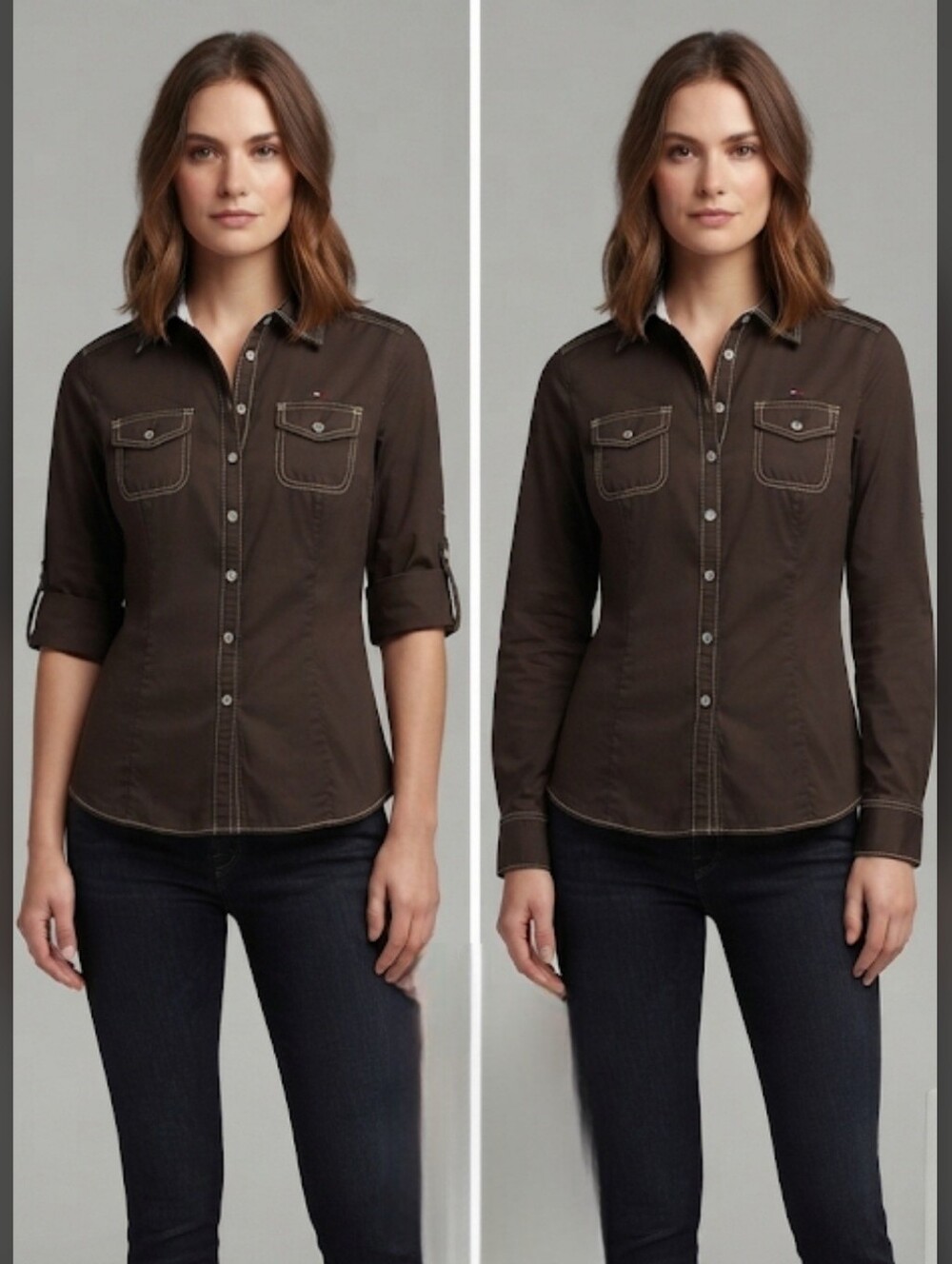 Tommy Hilfiger Women's Black Button Down Roll Tab Sleeve Shirt Size Large